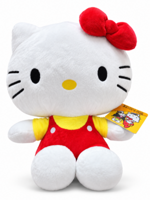 Hello Kitty Plüschfigur mit roter Schleife und rotem Outfit, sitzend